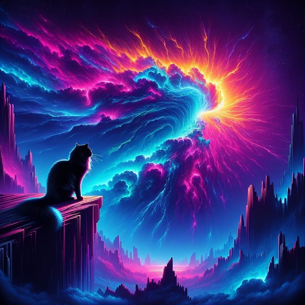 Cyberpunk Feline Contemplates Solar Storm