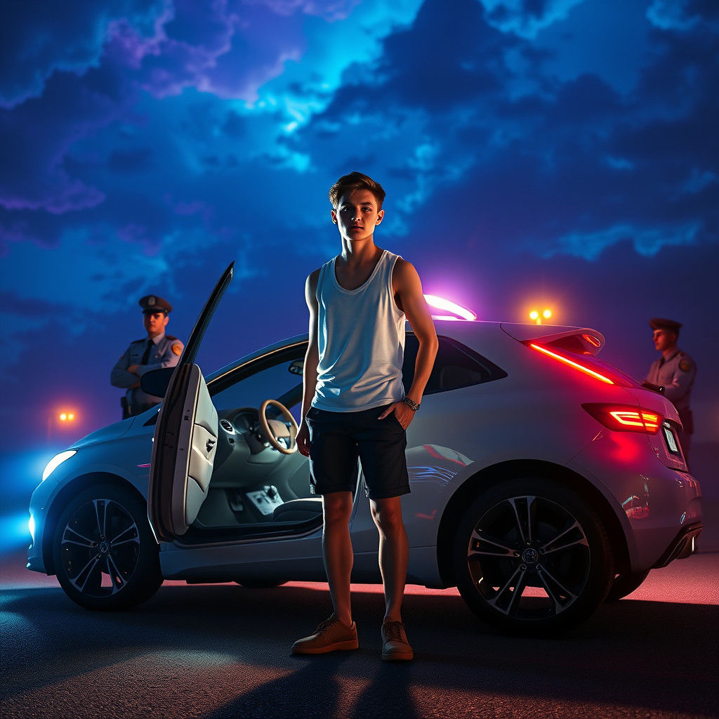 Youthful Drunk Driver Confronted by Police in Electric Blue....