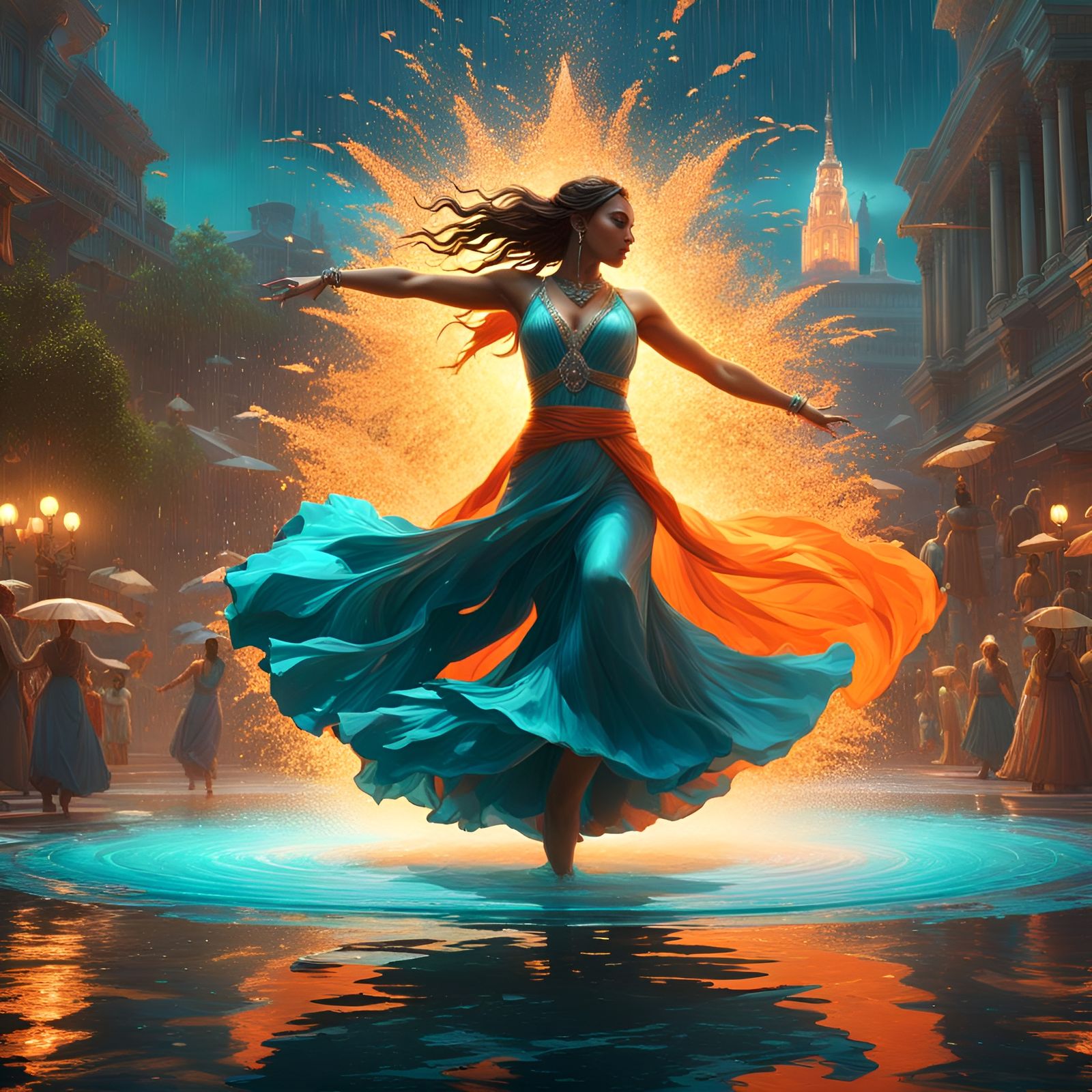 Woman Dancing in Rain, Detailed Concept Art