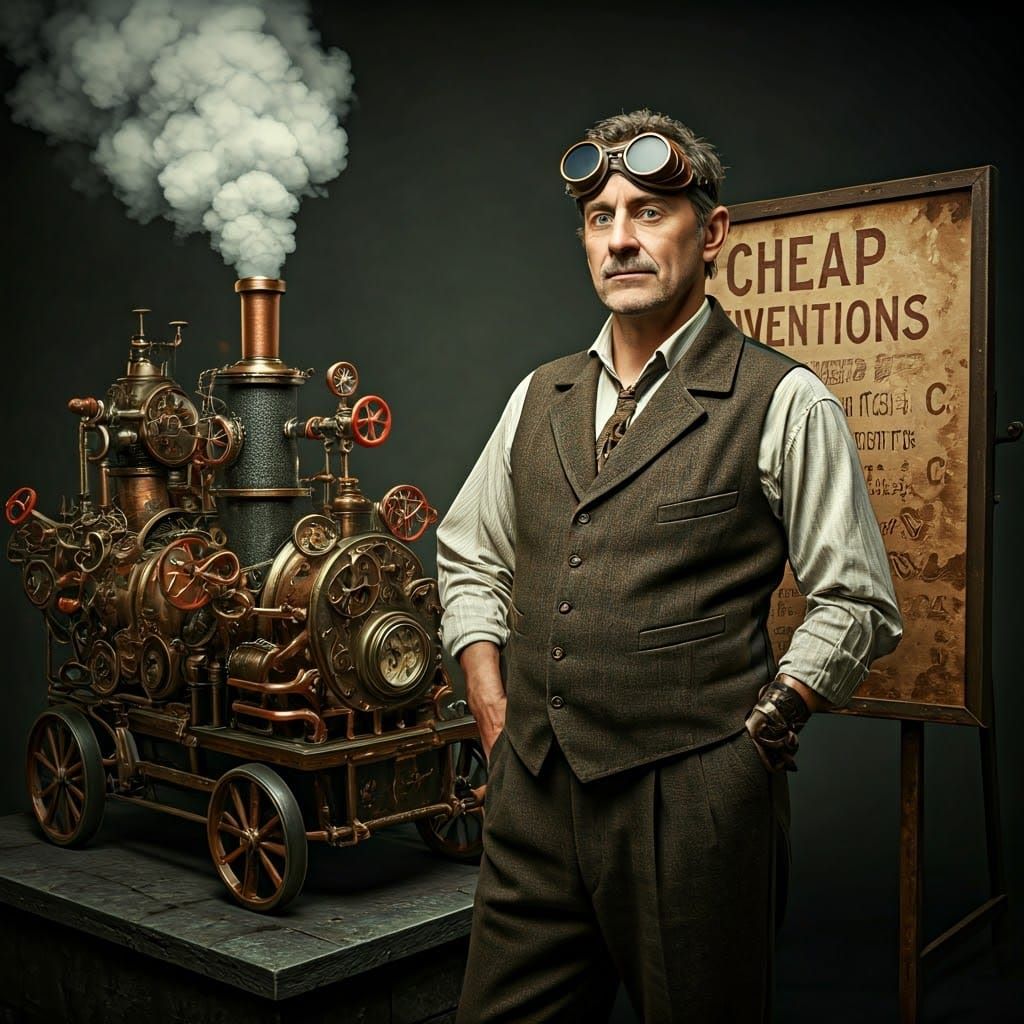 Eccentric Inventor Stands Amidst Steampunk Marvels in Indust...