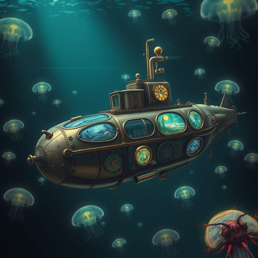 Steampunk Submarine Glides Through Bioluminescent Ocean