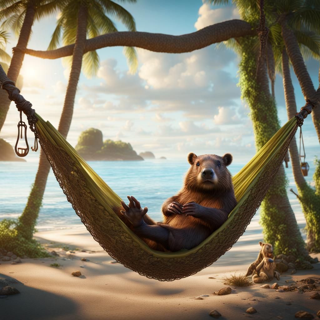 Beaver Relaxing in Beach Hammock: Fantasy Concept Art