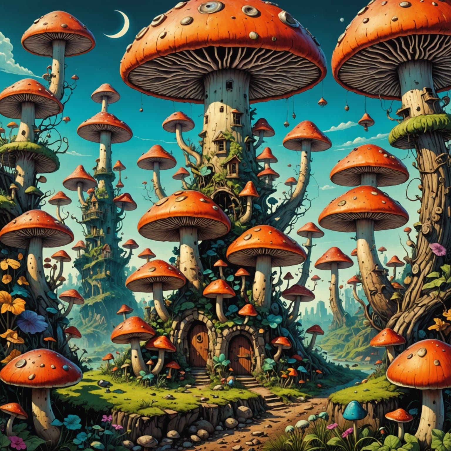 Surreal Mushroom Forest in Electric Bright Colors