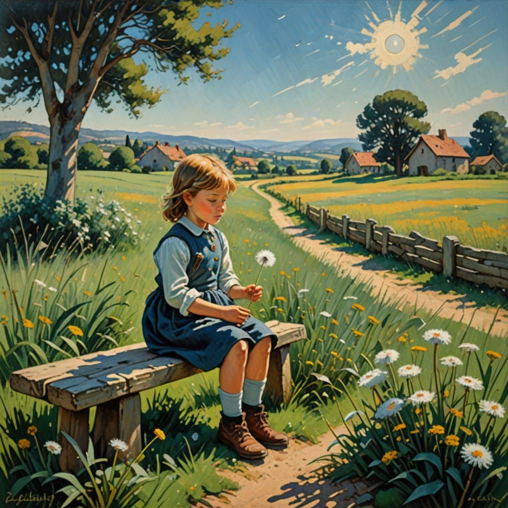 Child in Meadow Blowing Dandelion Seeds: Impressionist Oil P...