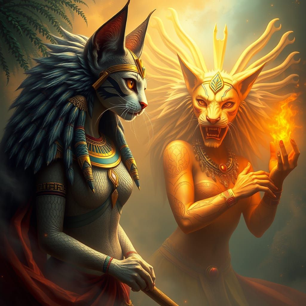 Egyptian Goddesses Bastet and Sekhmet in Ethereal Fantasy