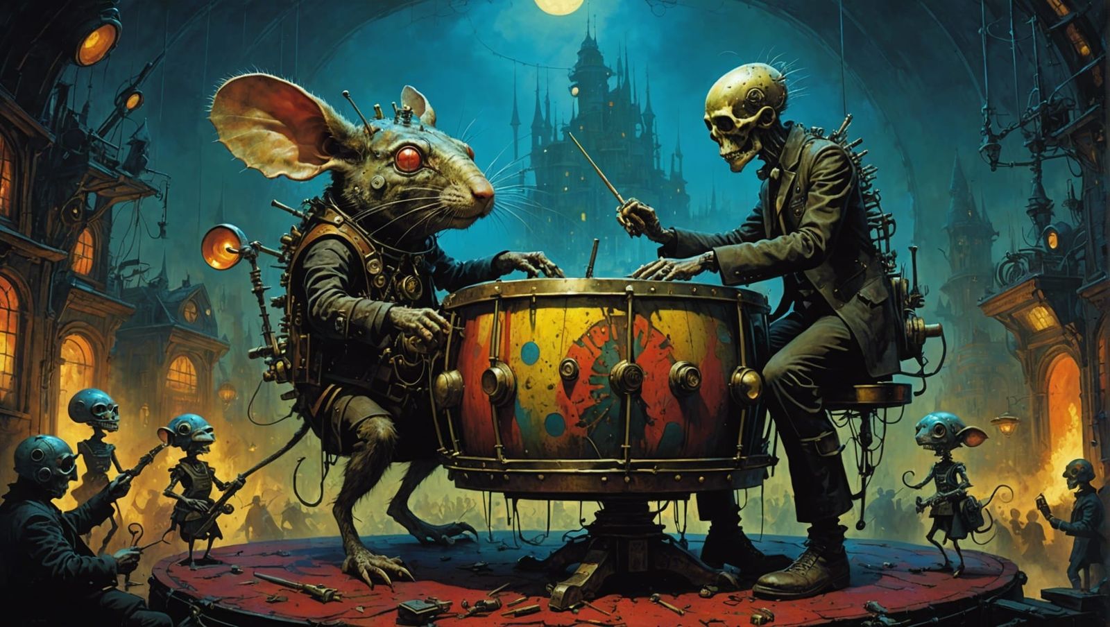 Psychedelic Steampunk Rat Drummer in a Punk Club