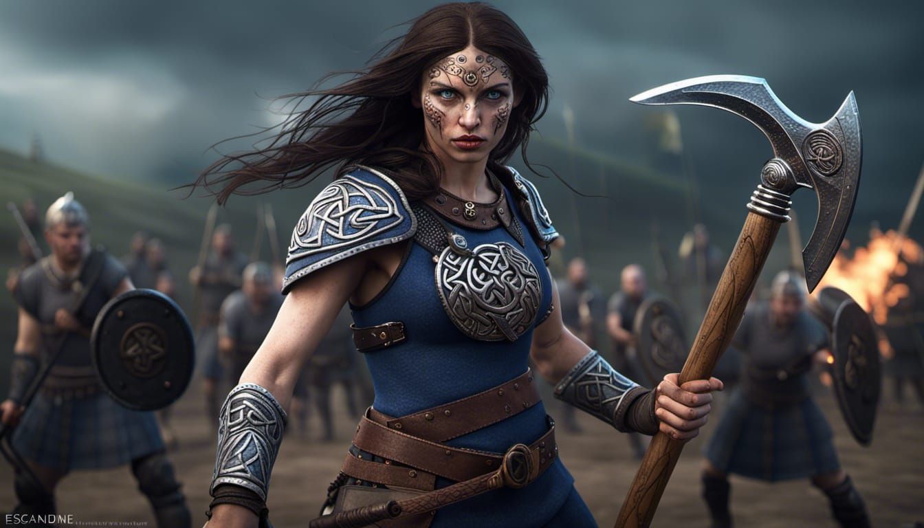 Photorealism, striking female Irish Celtic warrior, oval face, dark wavy hair, iridescent blue eyes, holding a battle ax...