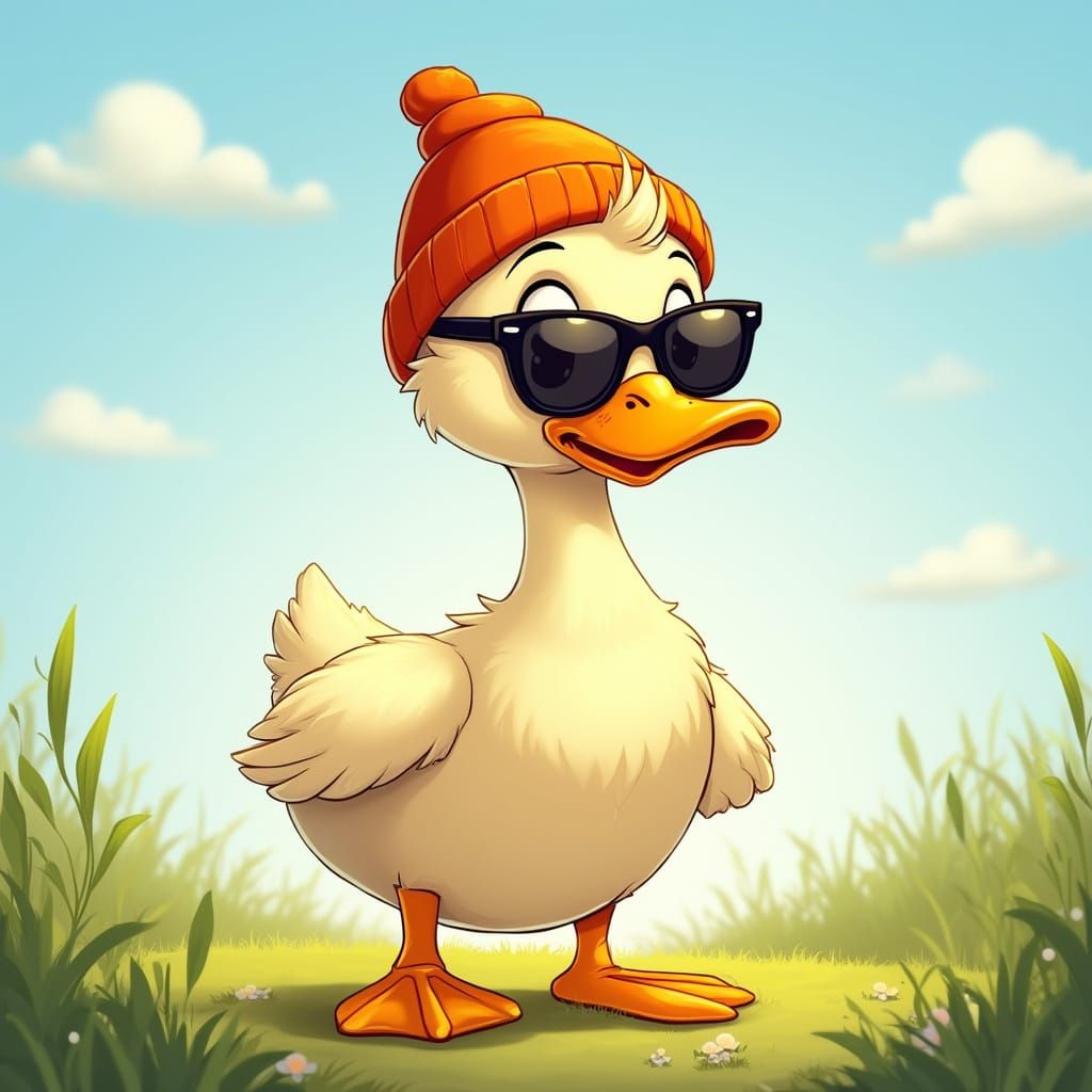 Quacking Cartoon Duck in Bright Orange Beanie