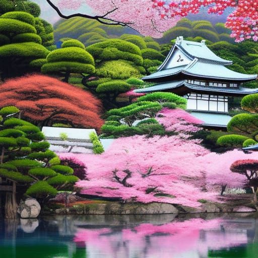 Japanese Temple in Sakura Garden: Hyperrealistic Fantasy Pai...