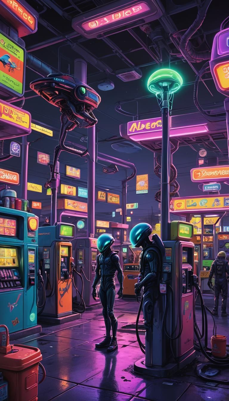 Neon-Lit Alien Gas Station Concept Art