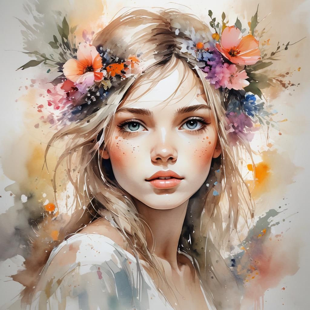 Woman with Wildflowers: Whimsical Watercolor Portrait