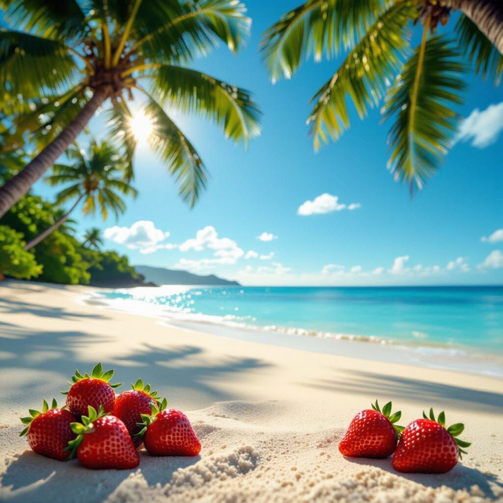 Serene Summer Beach with Strawberries, Golden Hour