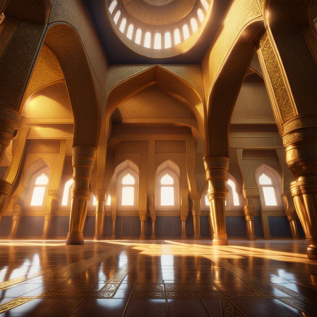 Golden Mosque Interior in Hyperrealistic Style