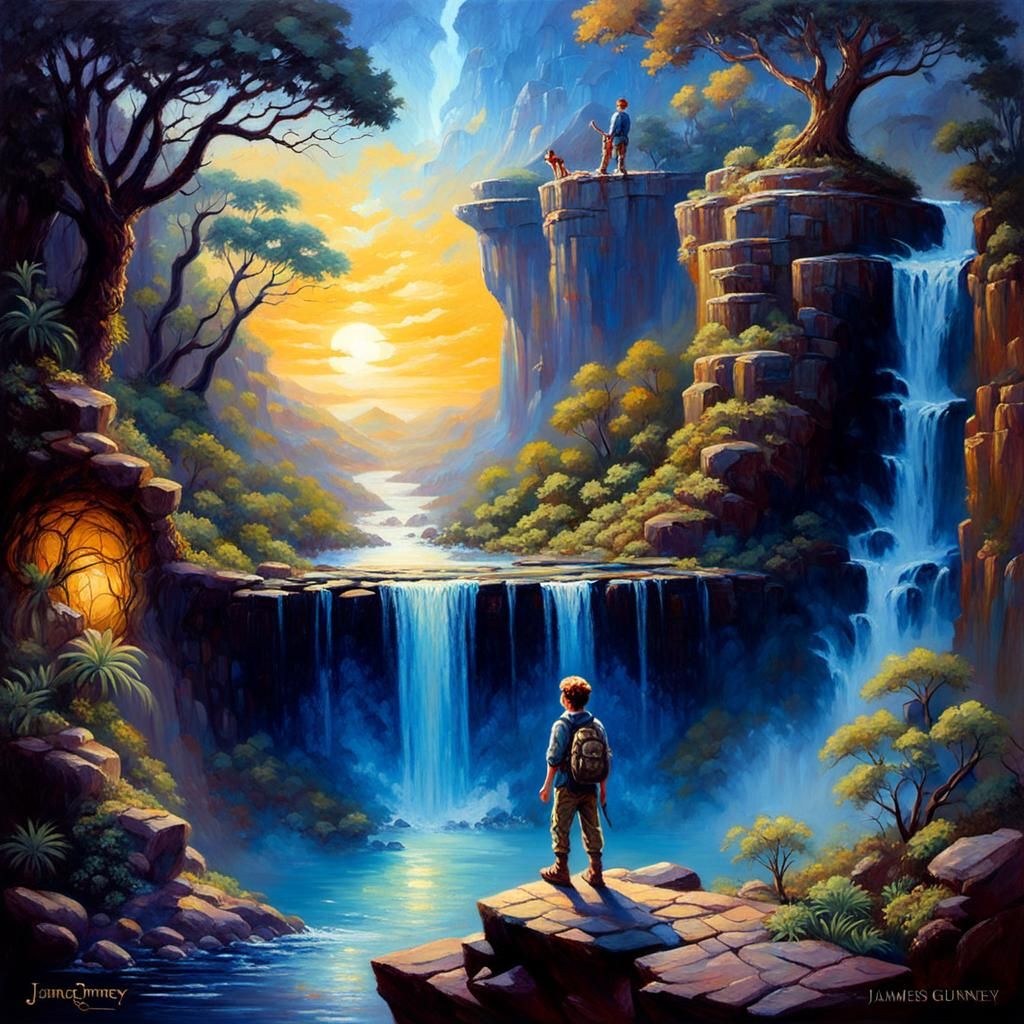 Serene Prehistoric Landscape in Whimsical Oil Painting Style