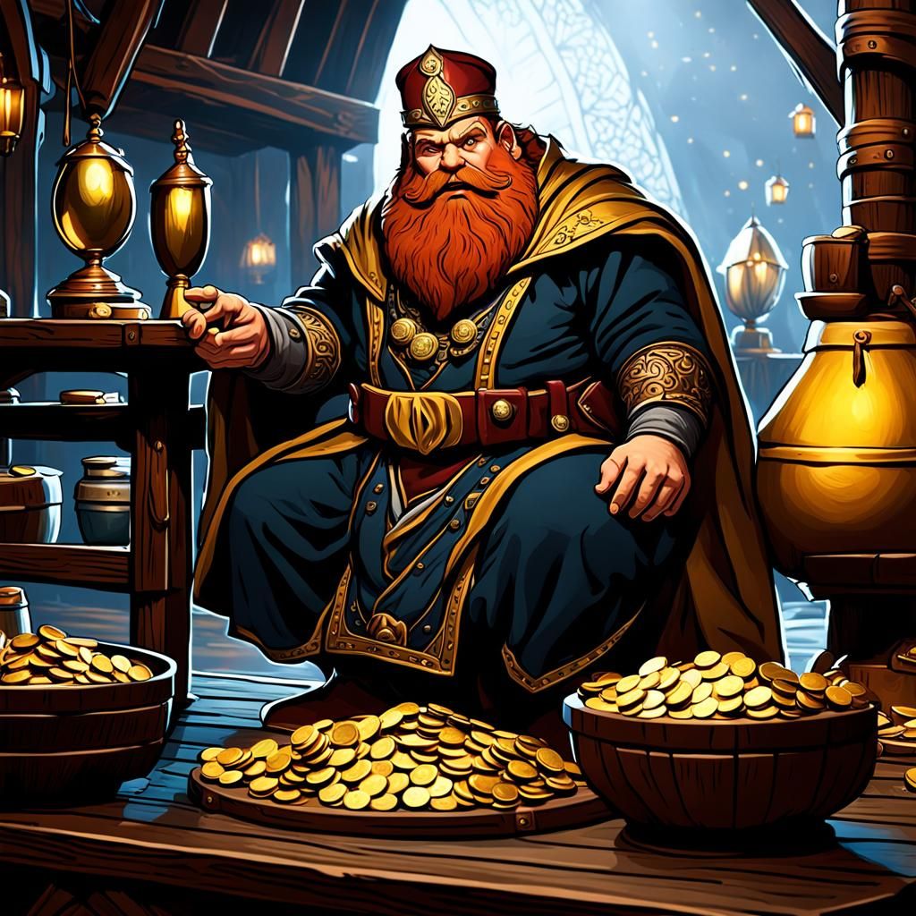 Fantasy Dwarf Merchant Counting Gold Coins