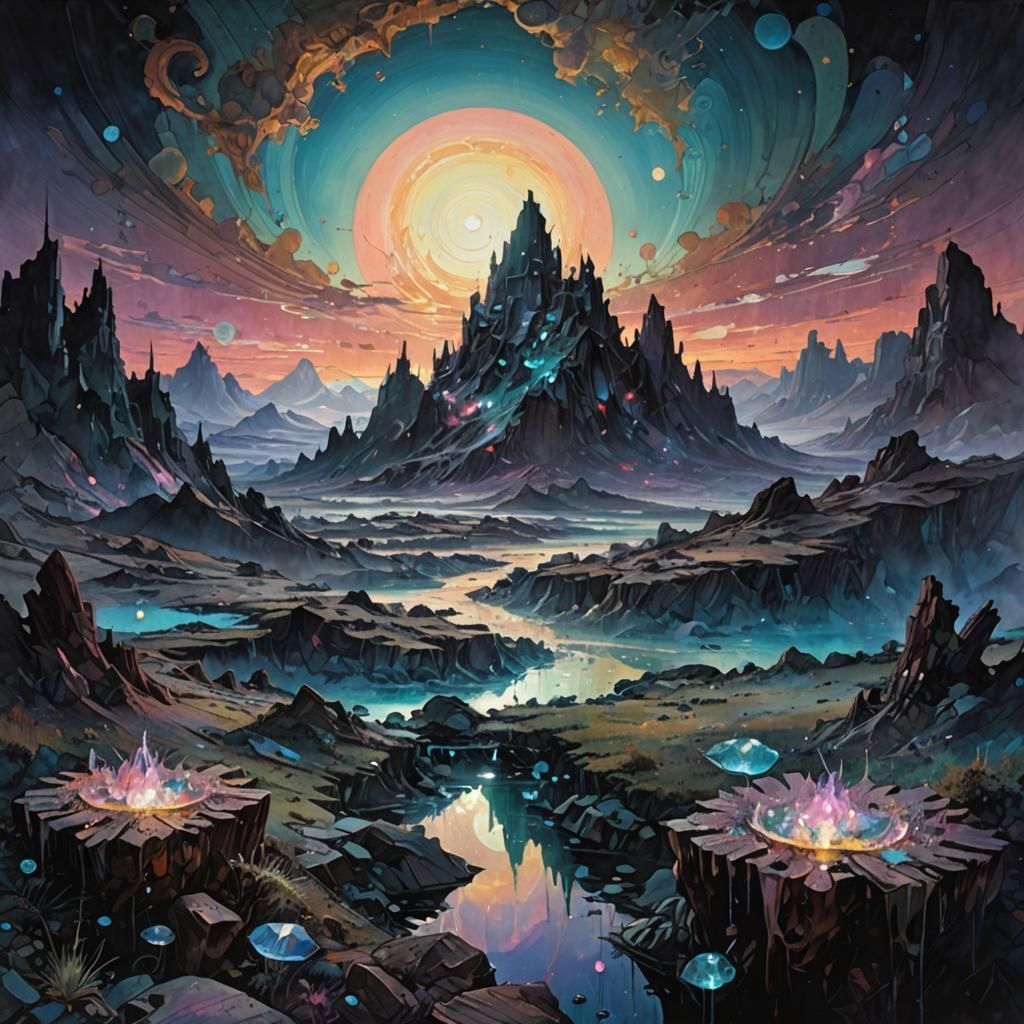 Iridescent Crystal Landscape in Psychedelic Watercolor