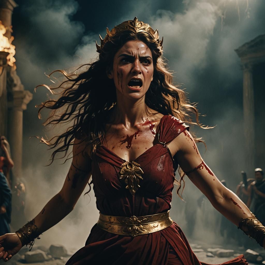 Wrathful Goddess in Blood-Red, Cinematic Still