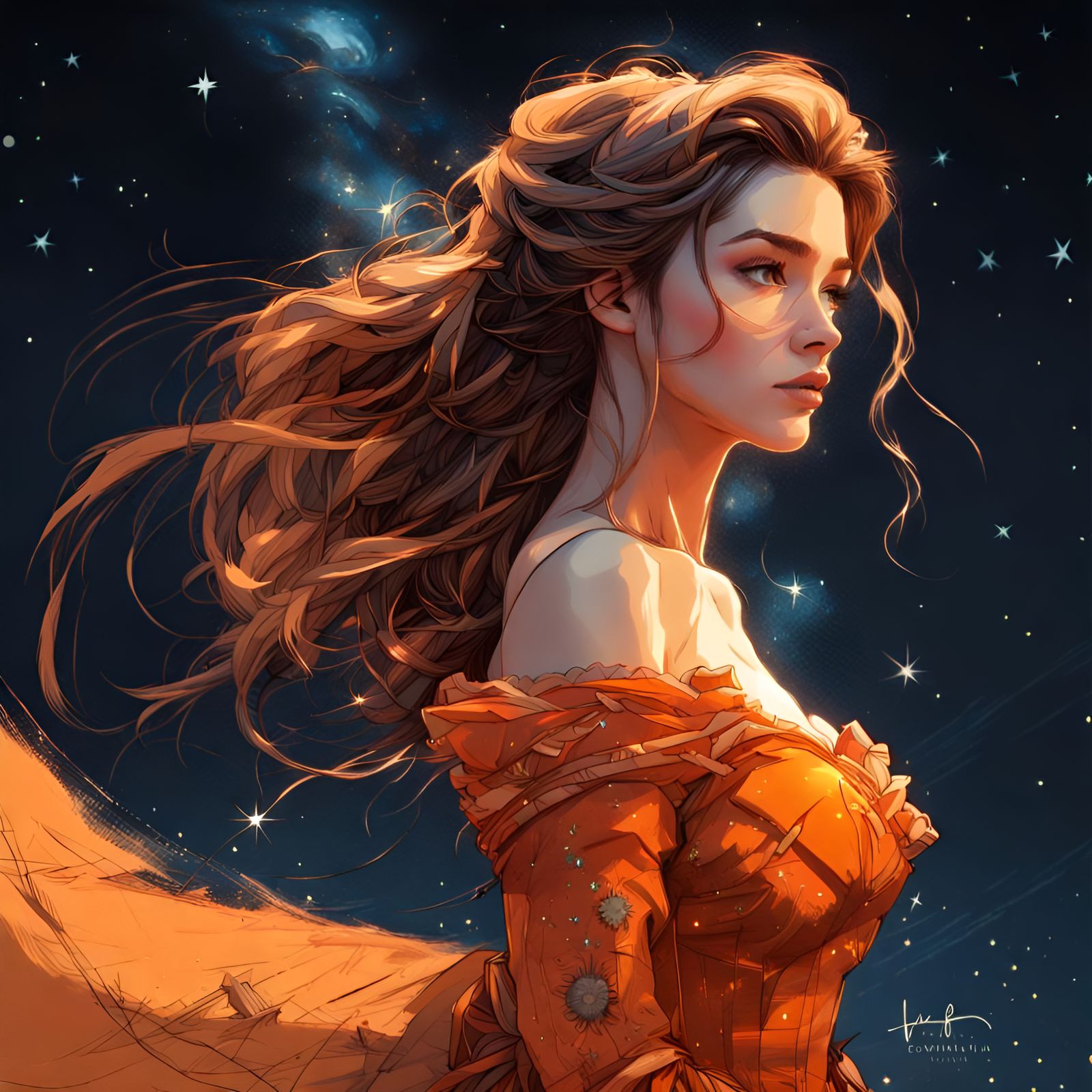 Princess Belle Portrait in Orange Dress: Digital Art