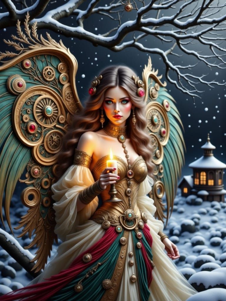 Art Nouveau Steam Angel with Candle in Snowy Woods