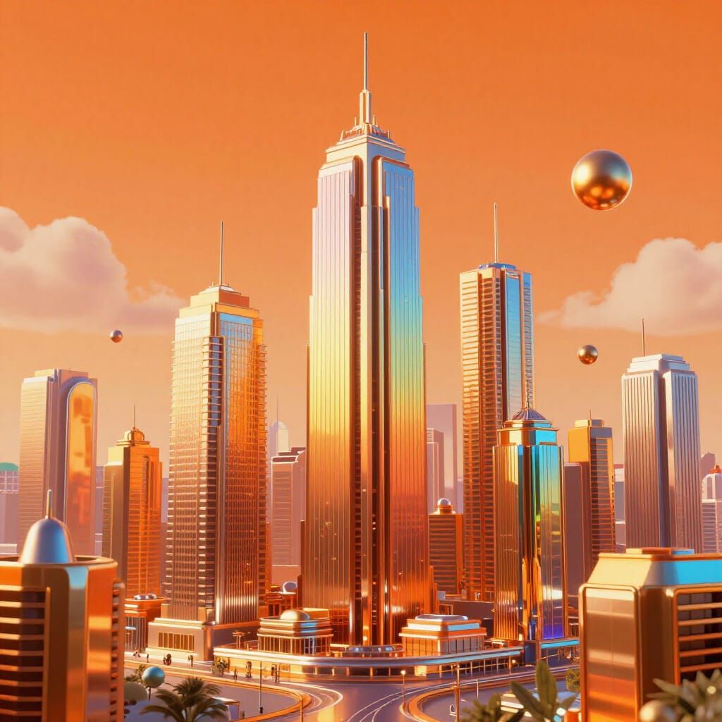 Retro-Futuristic Gleaming Cityscape with Rainbow Reflections