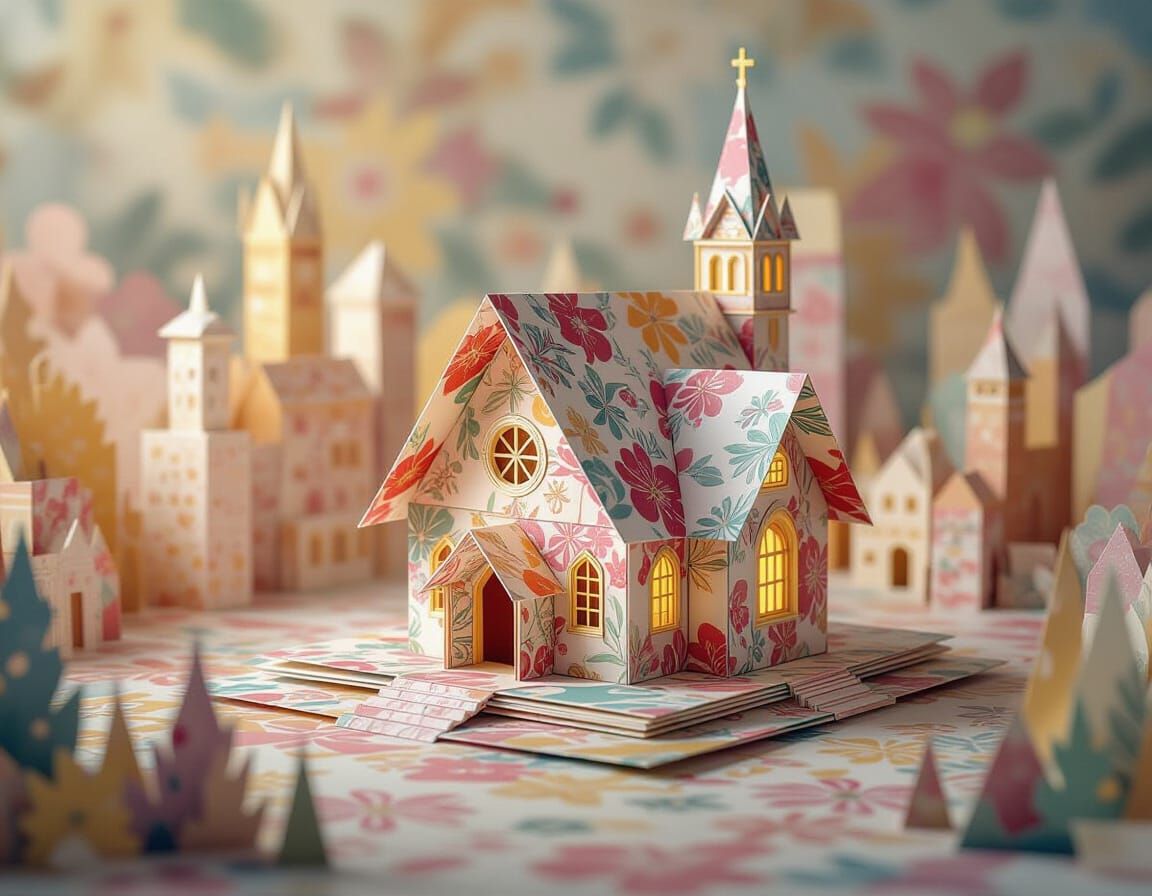 Intricate Origami Paper Church in Fantastic City