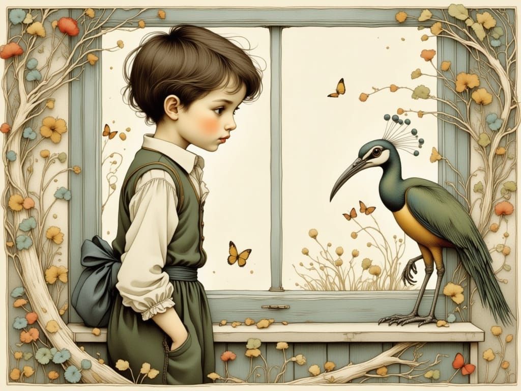 A Longing Boy Contemplates Life with a Majestic Bird in a Wh...