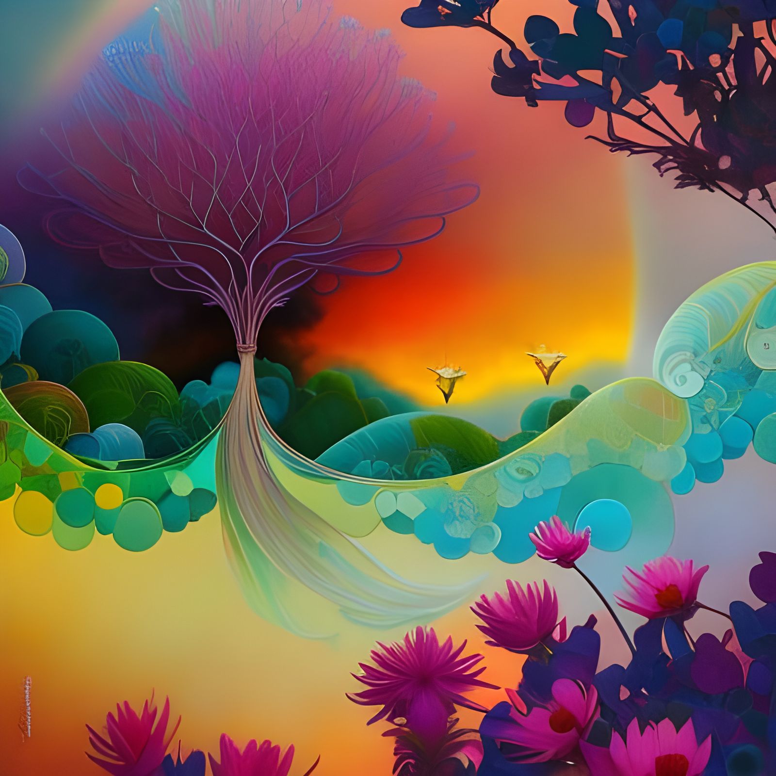 Rainbow Treehouse in Wildflower Garden at Sunset