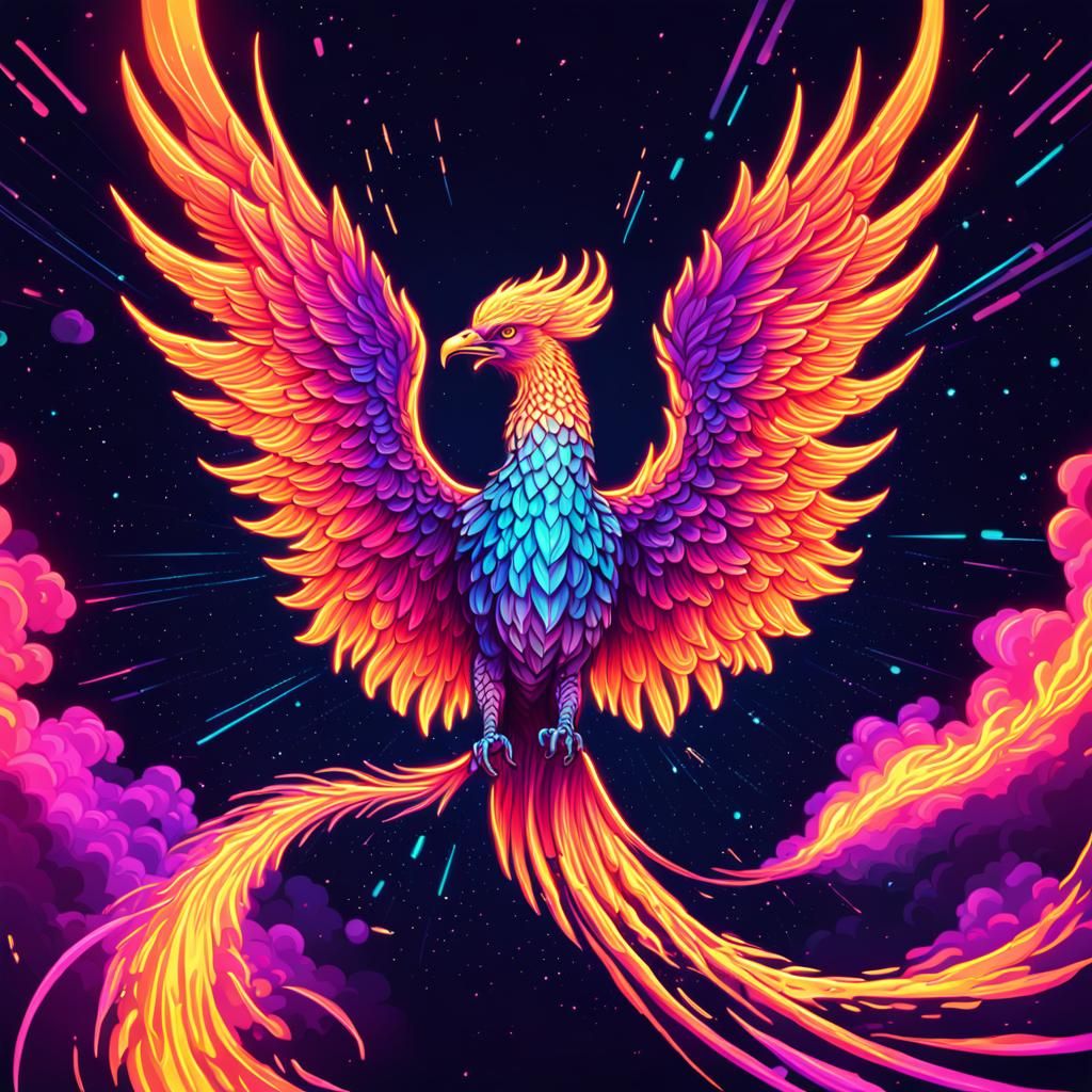 Phoenix on Fire Ascending in Synthwave Style