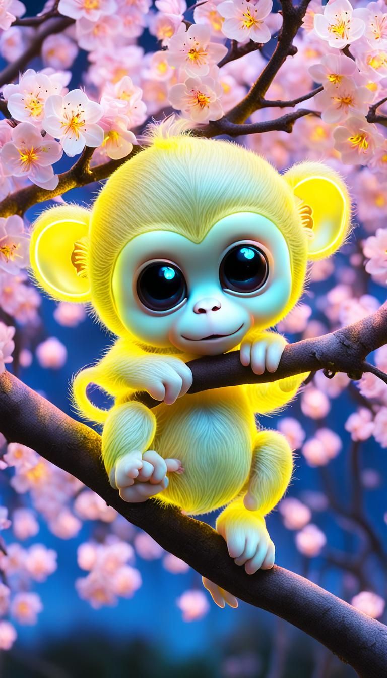 cuteness overload , neon glowing, fairy lights  X-ray, contoured, surrealism, close up Chibi  neon baby yellow monkey en...