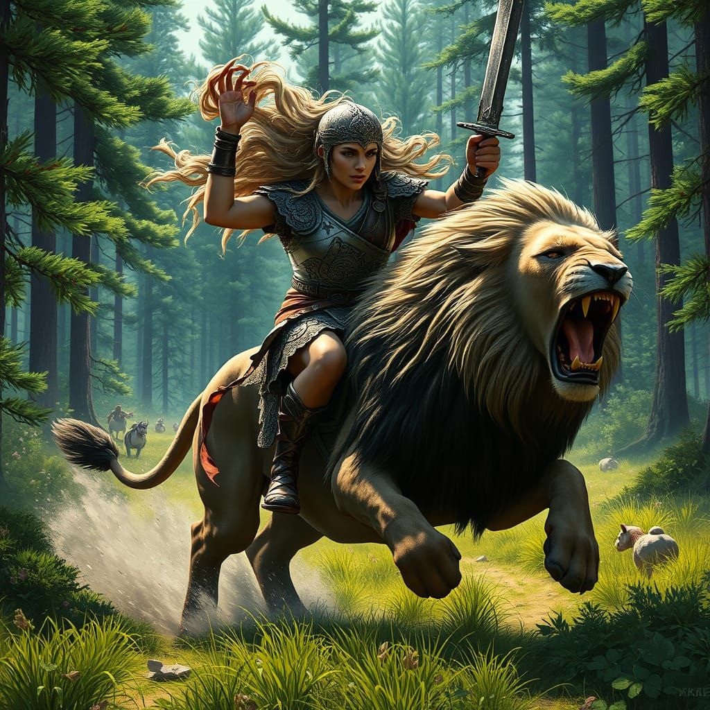 Roman Warrior on Lion in Lush Forest