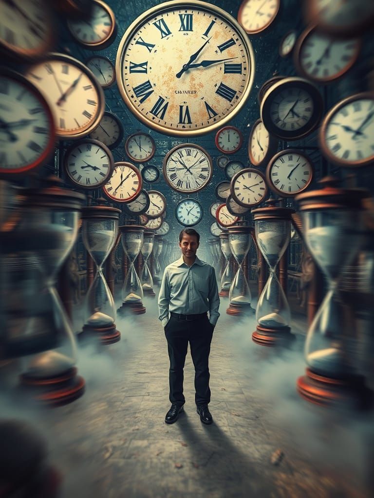 Surreal Timescape with Hourglasses and Clocks