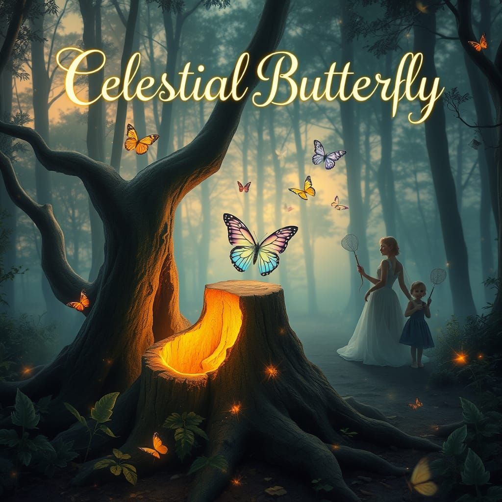 Celestial Butterfly in Enchanted Forest at Twilight