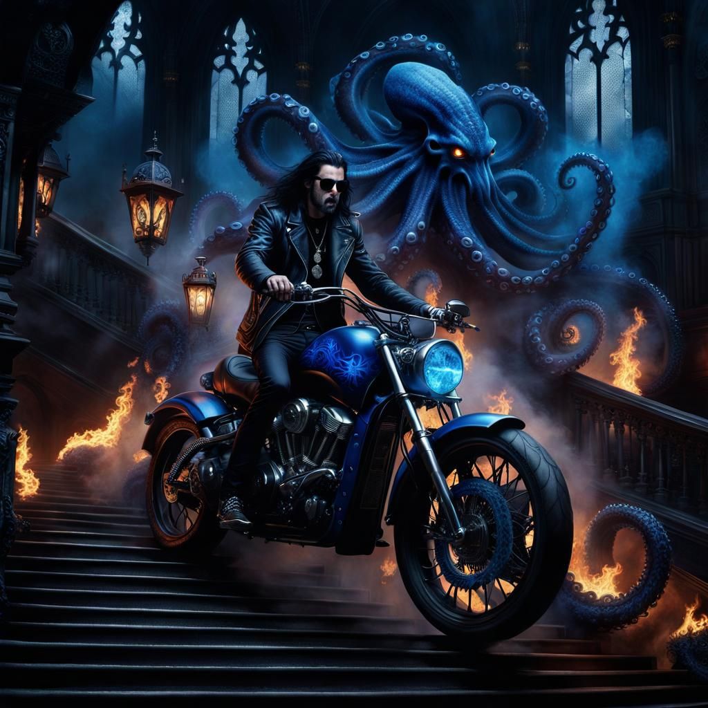Gothic Man's Flaming Ride with Demonic Octopus