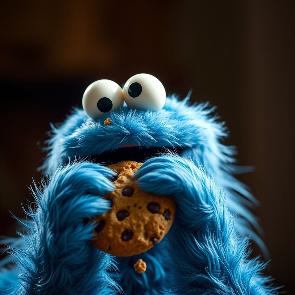 Cookie Monster in Adoring Bliss, Hyper-Realistic Portrait