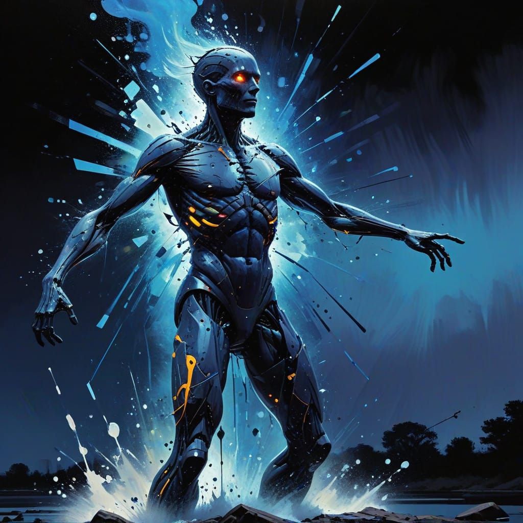 Shattered Humanoid Figure in Cosmic Dissolution