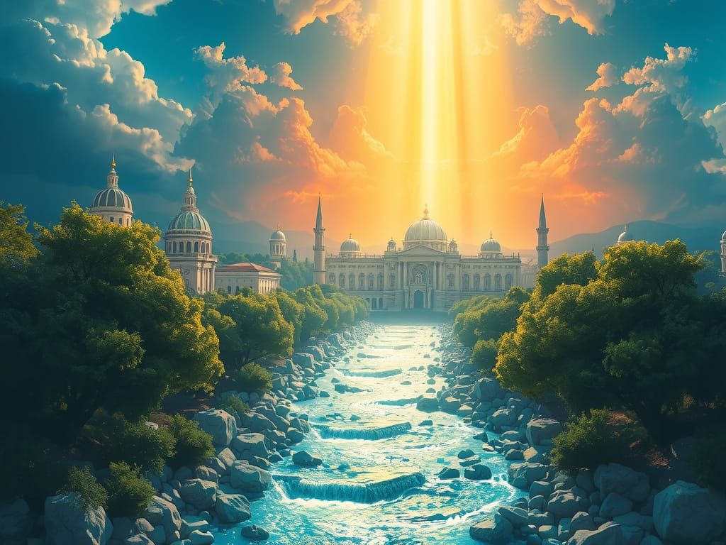 Crystal River of Life with Trees of Healing and Glowing Thro...