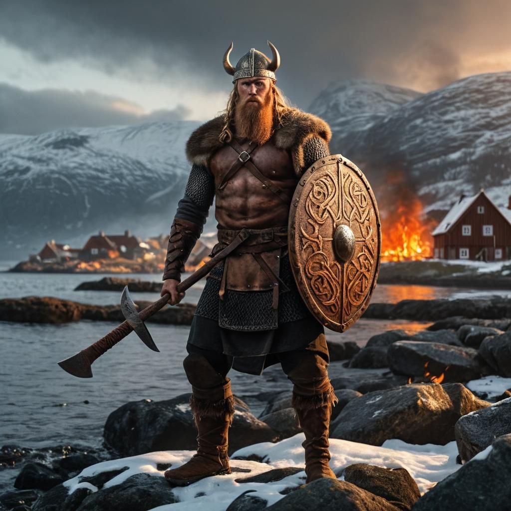 Fierce Viking Warrior with Burning Village in Background