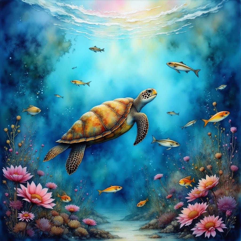 Sea Turtle Swims With Fish in Underwater Scene