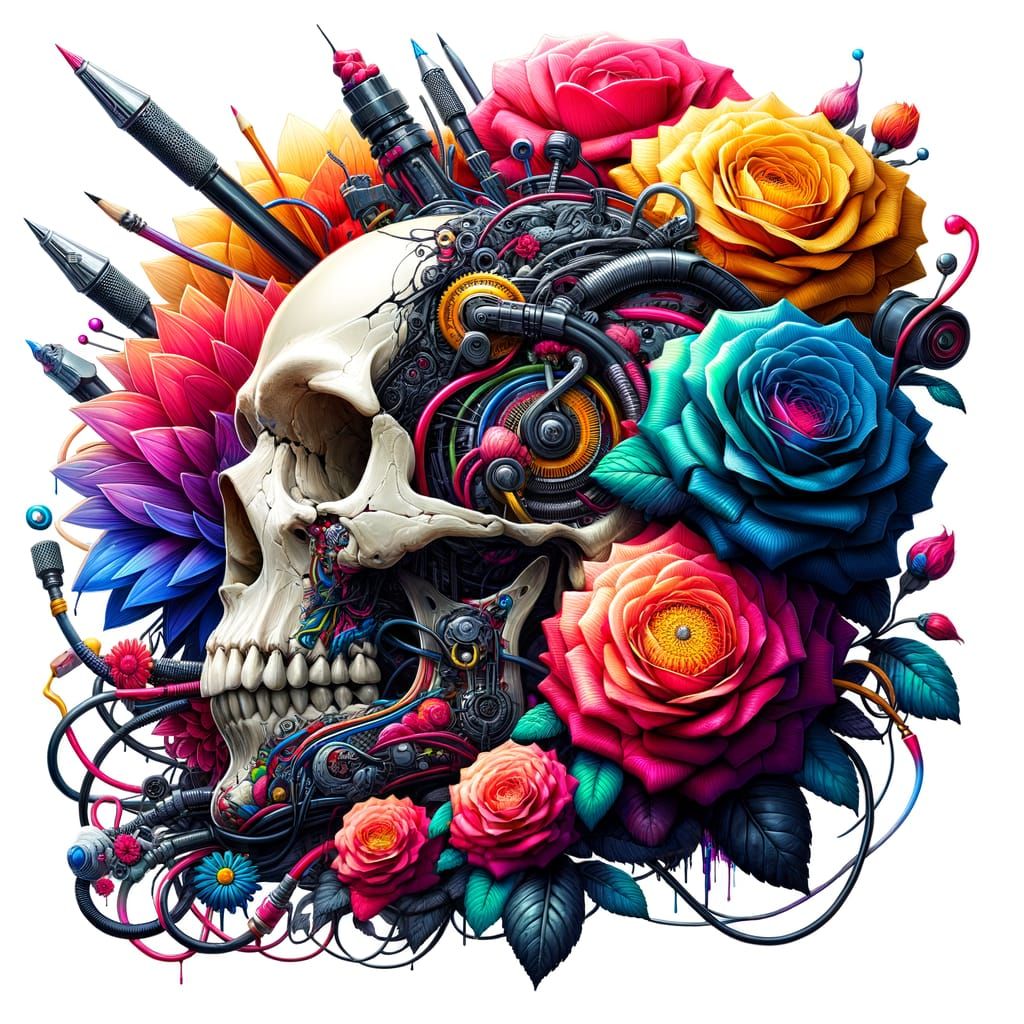 Skull and Flowers in Gothic Street Art Style