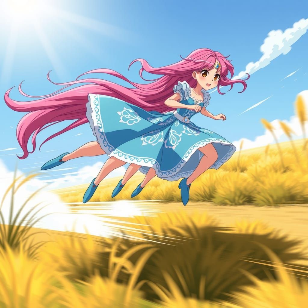 Cartoon Princess Runs Across Sunlit Plains