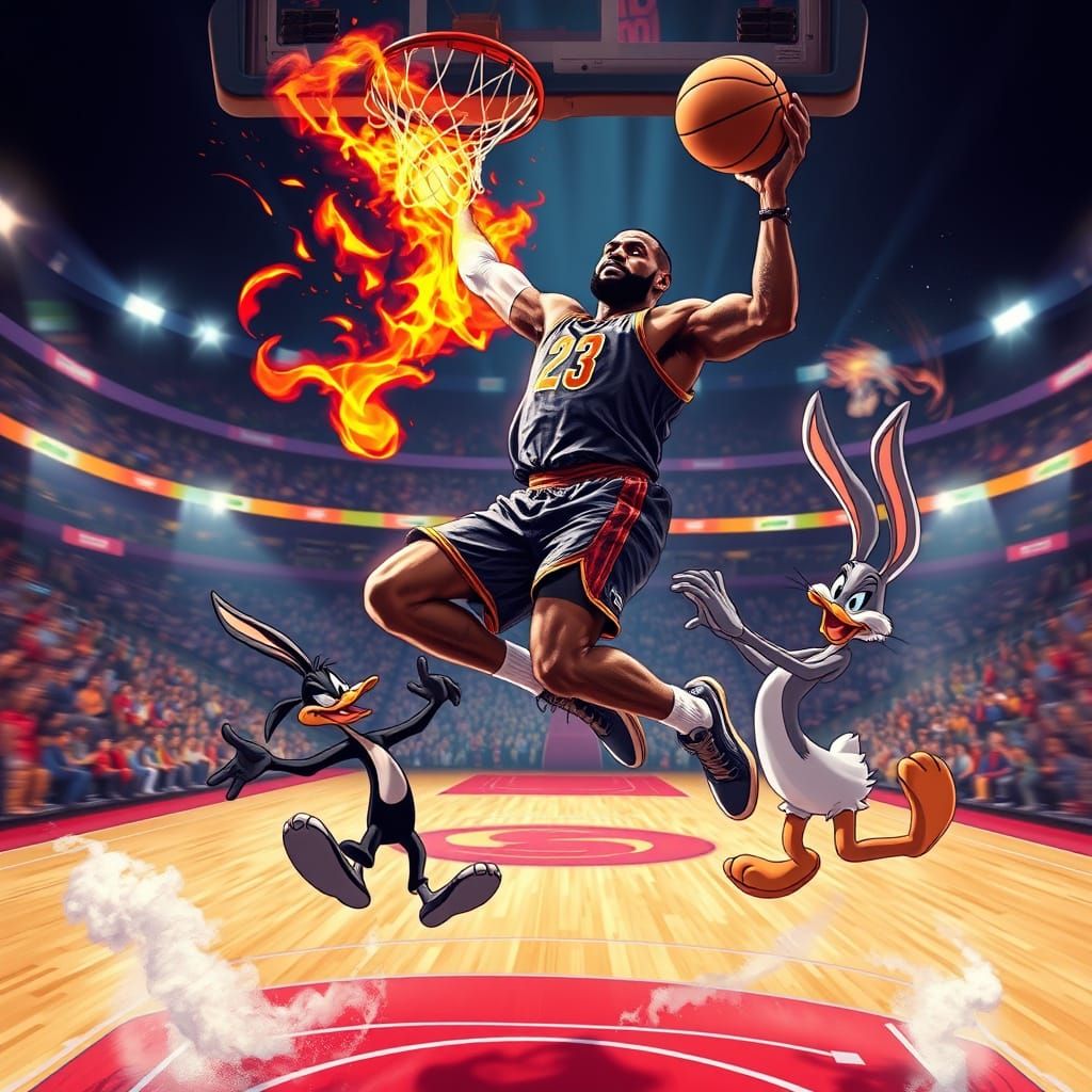 LeBron James Slam Dunk in Chaotic Comic Style