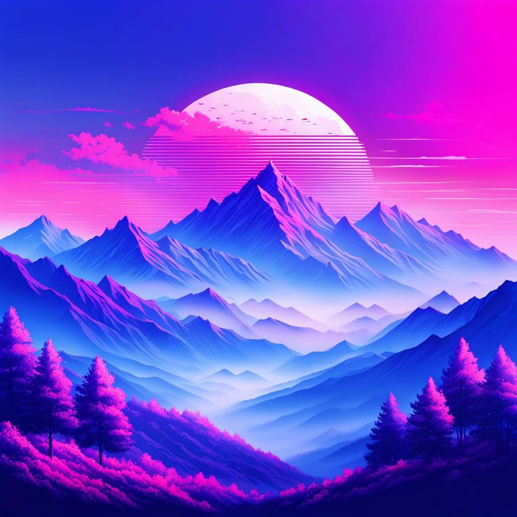 Vaporwave Misty Mountain Landscape