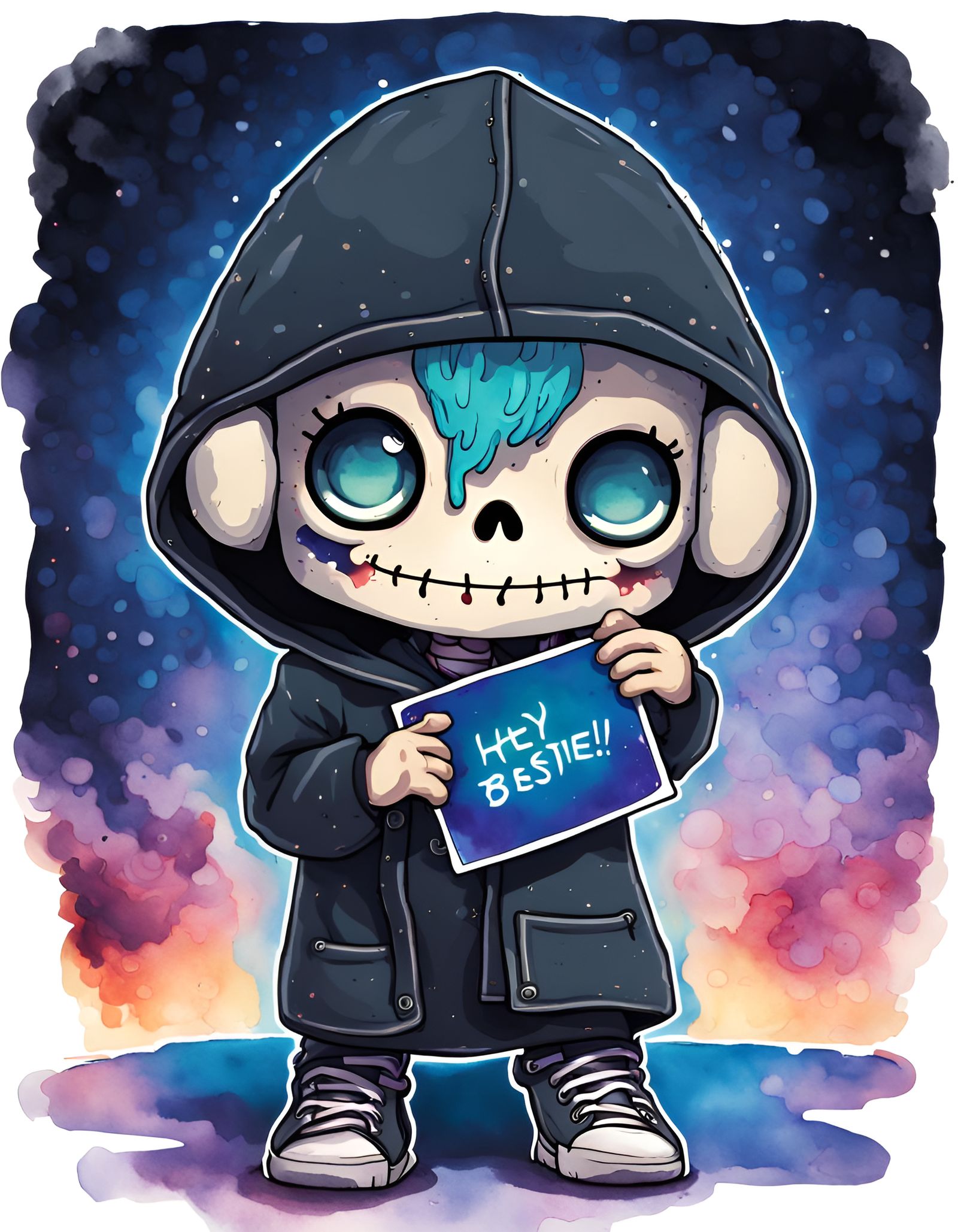 Chibi Skeleton with Sign in Watercolor Style