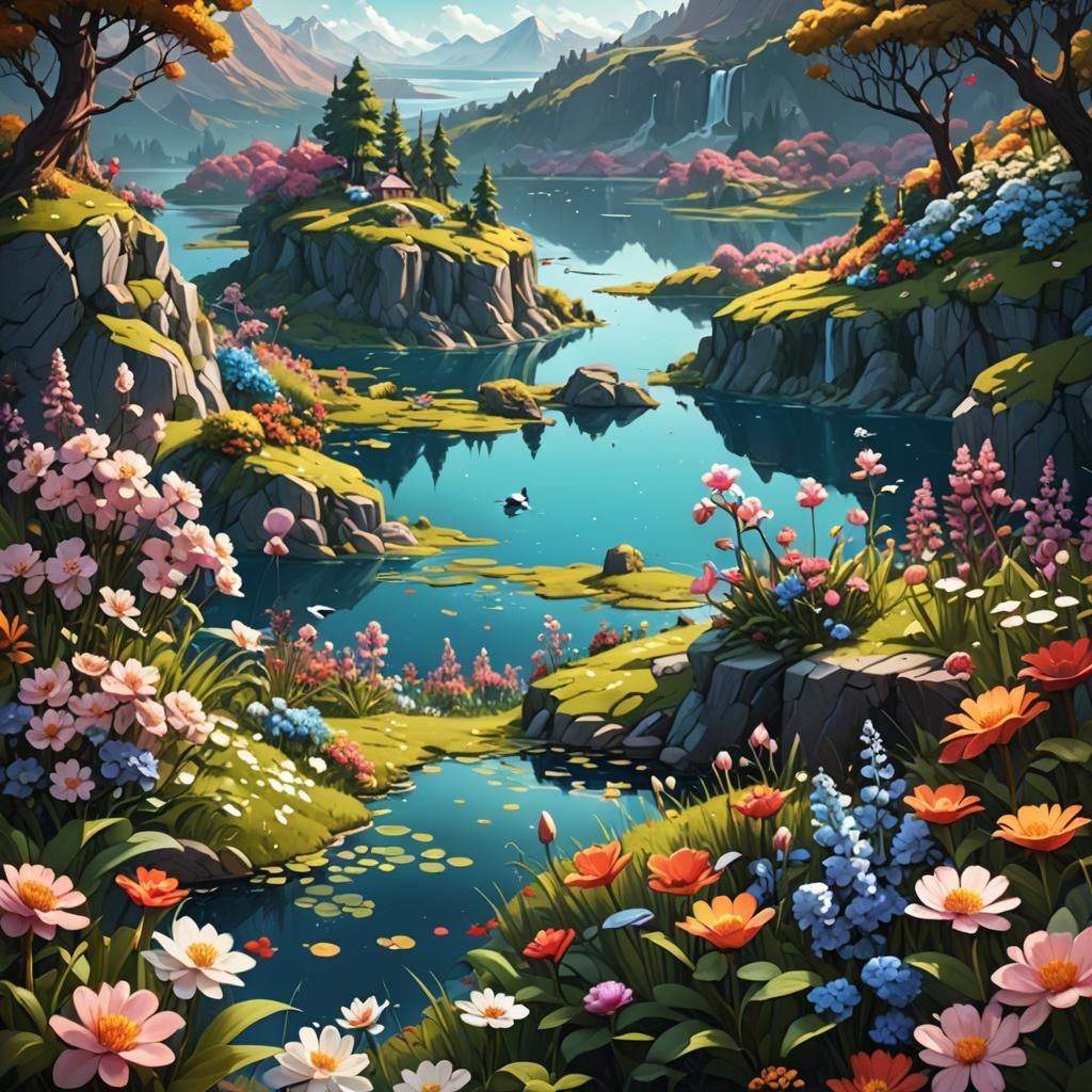 Lakes and Flowers Landscape in Detailed Matte Painting