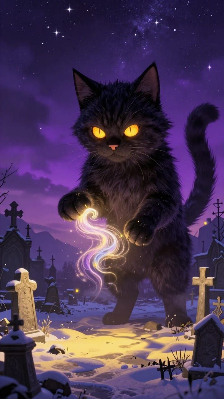 Giant Yule Cat Chases Ethereal Wisp in Starry Churchyard