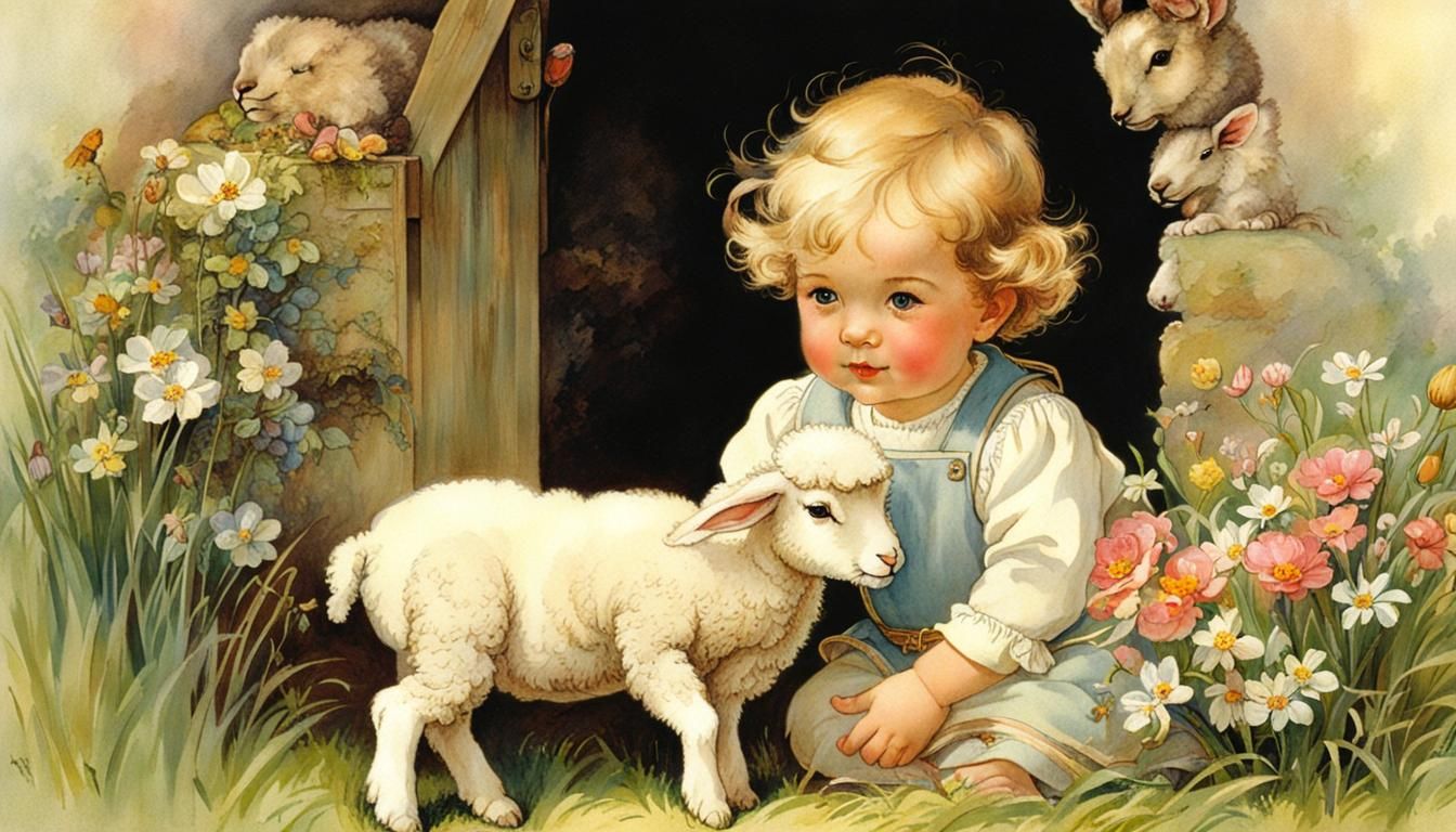 Easter Morning: Toddler and Lamb in Fantasy Art