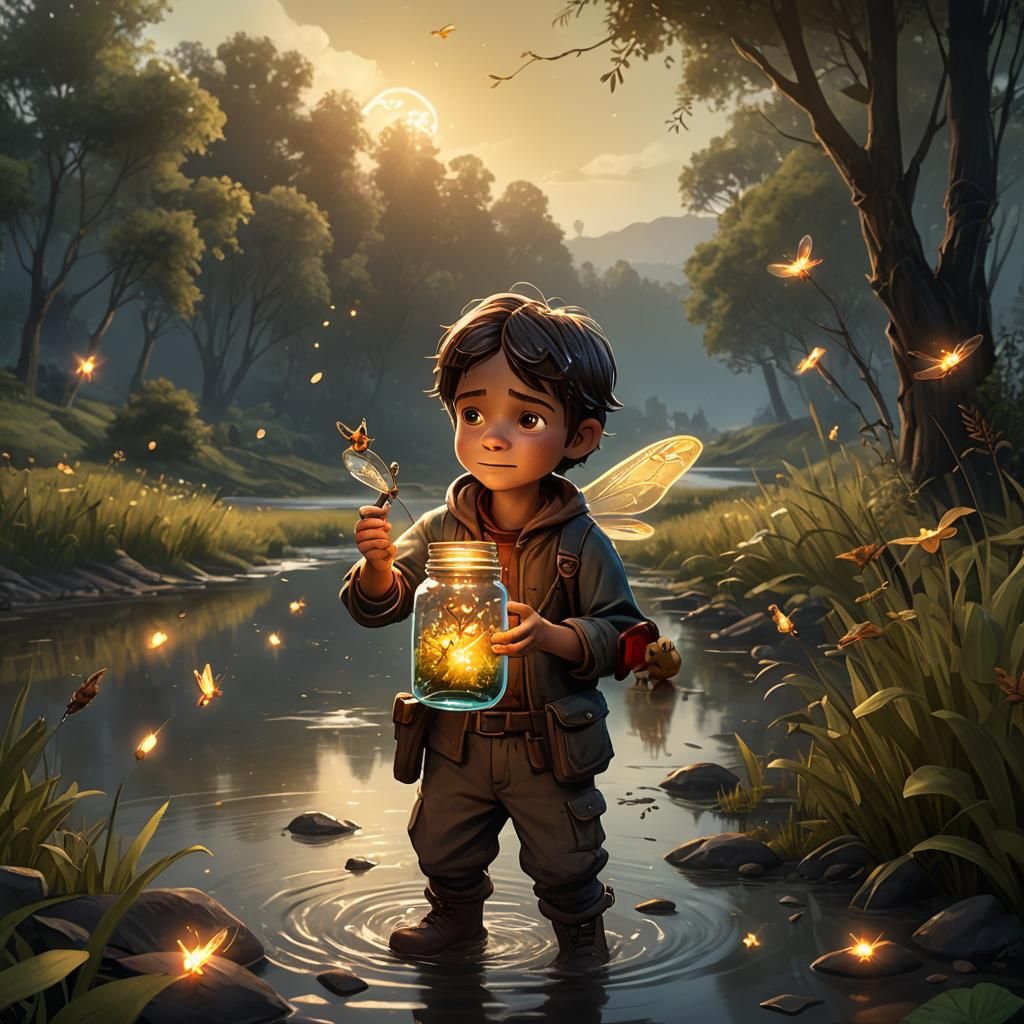 Boy with Firefly Jar in Cartoon Style