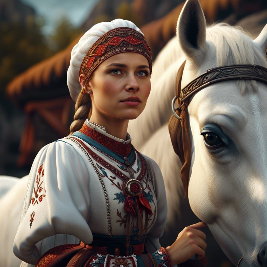 Slovak Girl and White Horse: Fantasy Concept Art