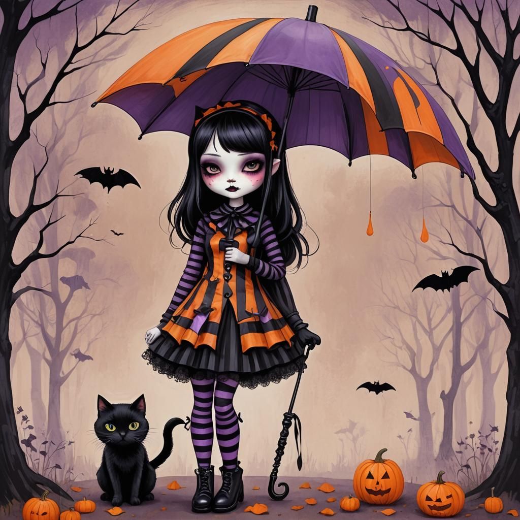 Cute Goth Girl with Bat Umbrella in Pop Surrealism Style