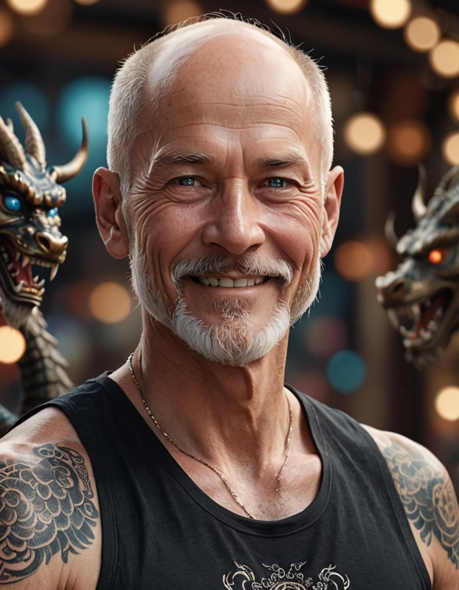 Smiling Man with Dragon Tattoos Photorealistic Portrait